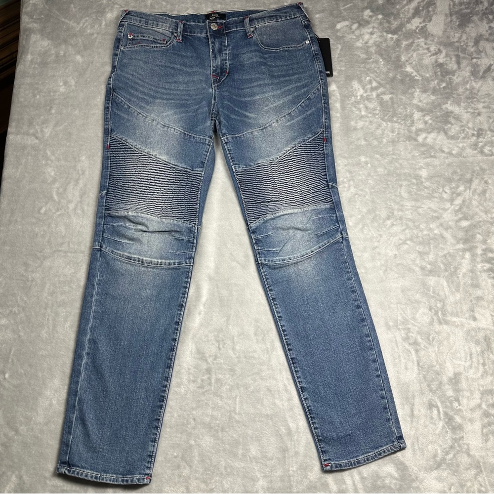 True Religion Rocco Moto Relaxed Skinny Jeans Men's 34x32 Blue Medium Wash $204